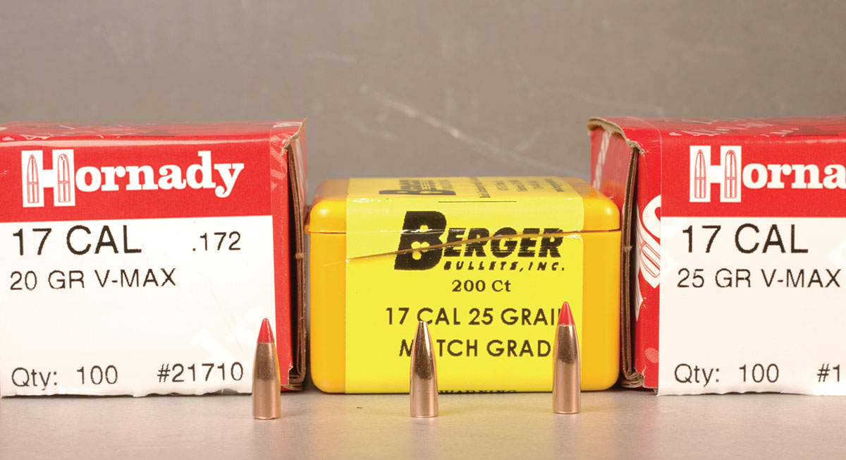 The Hornady 20-grain V-MAX, Berger 25-grain hollowpoint and Hornady 25-grain V-MAX were shot in the Model Seven .17 Fireball.