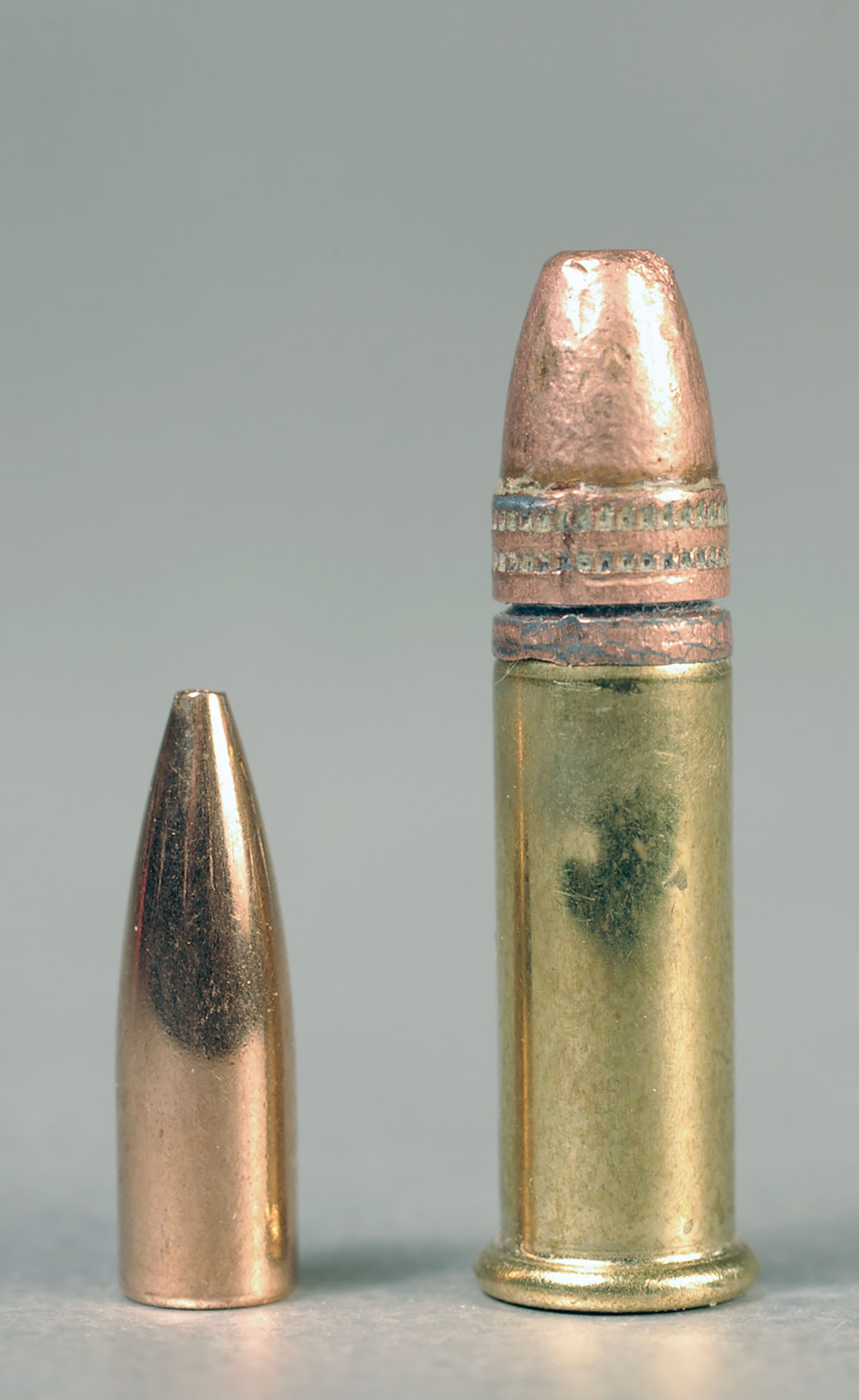 A .17-caliber, 25-grain bullet is small, compared to a .22 Long Rifle loaded with a 40-grain bullet.