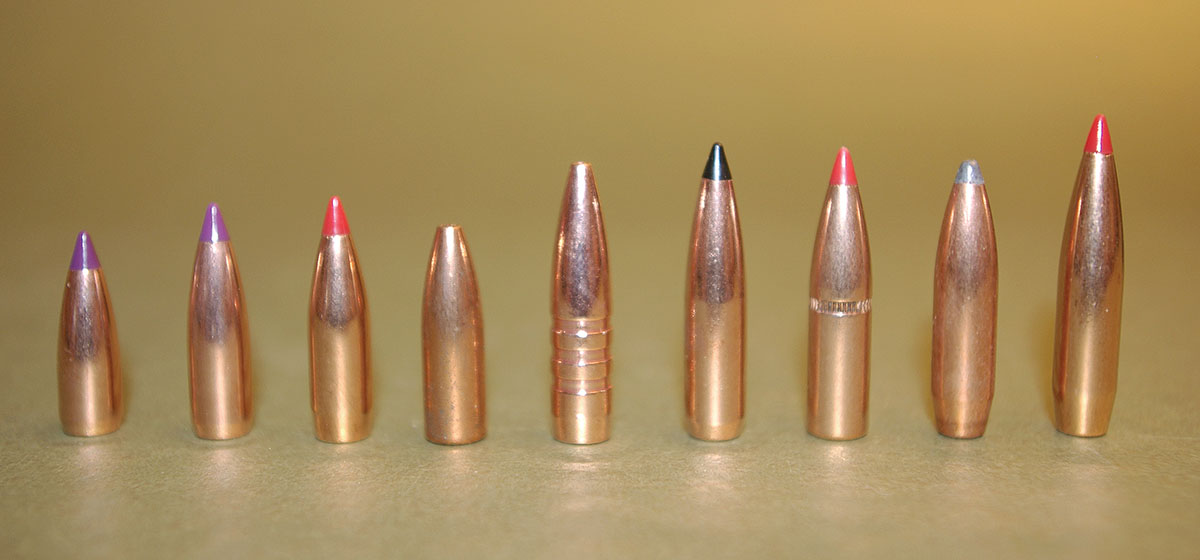 Bullets fired in the .243 WSSM include (left to right): Nosler 55-grain Ballistic Tip, Nosler 70-grain Ballistic Tip, Hornady 75-grain V-MAX, Sierra 75-grain hollowpoint, Barnes 85-grain Triple-Shock, Swift 90-grain Scirocco, Hornady 95-grain SST, Sierra 100-grain boat-tail and Hornady 105-grain A-MAX.