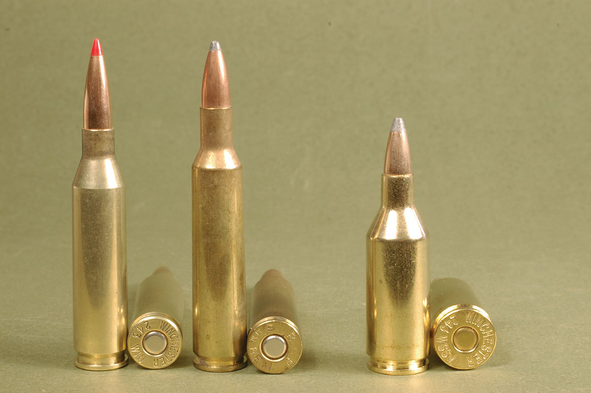 The .243 WSSM (right) provides similar performance to the .243 Winchester (left) and the 6mm Remington (middle).