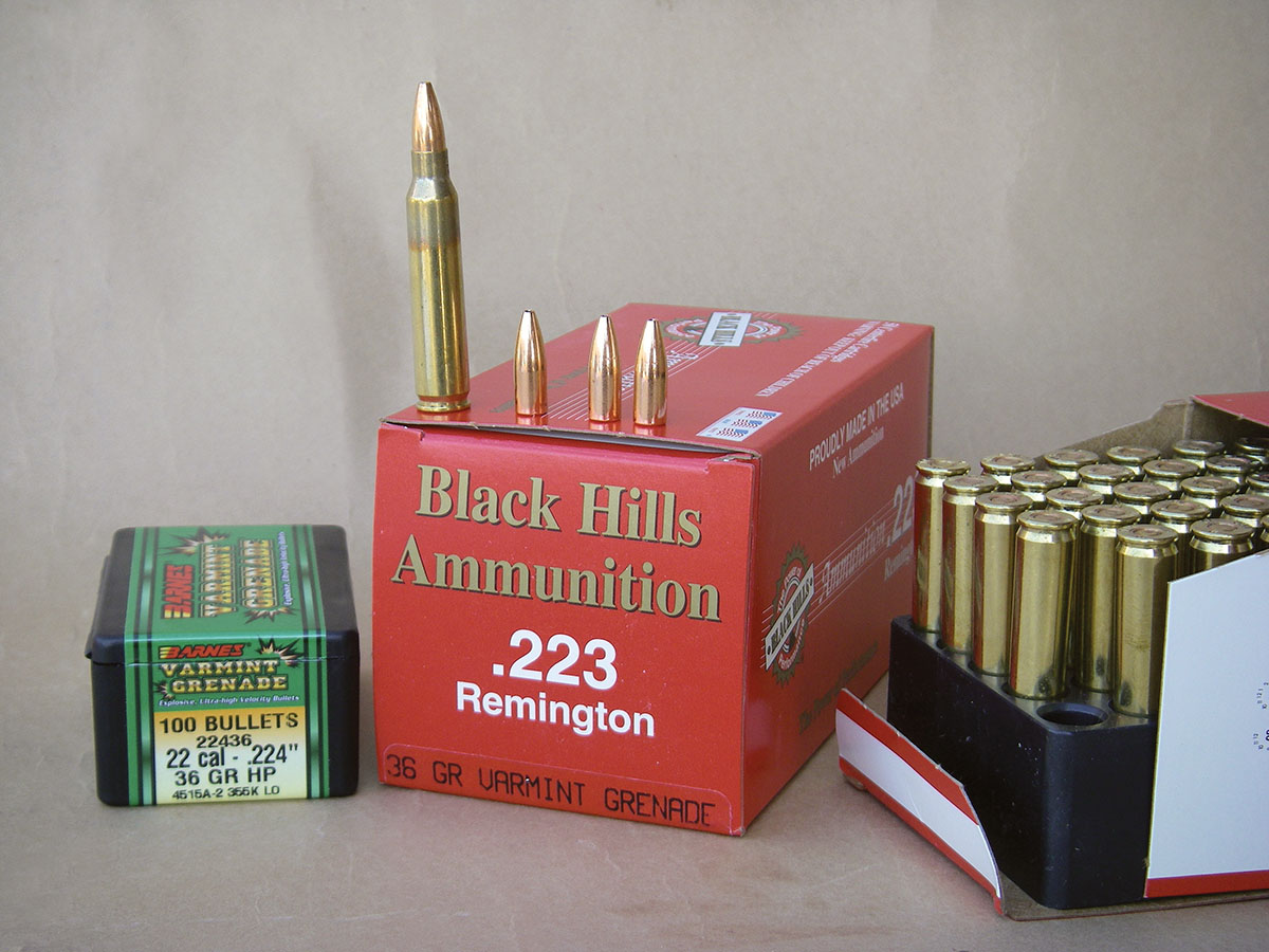 Black Hills Ammunition offers .223 Remington and .22-250 Remington (not shown) ammunition loaded with the Barnes Varmint Grenade, one of the first lead-free bullets on the market.