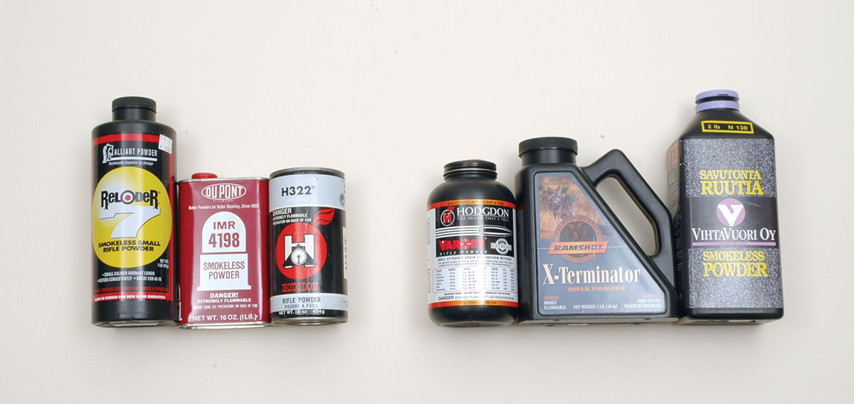 In this .223 Remington reloading project, Mike used three favorite powders (left) along with three new-to-him powders (right).