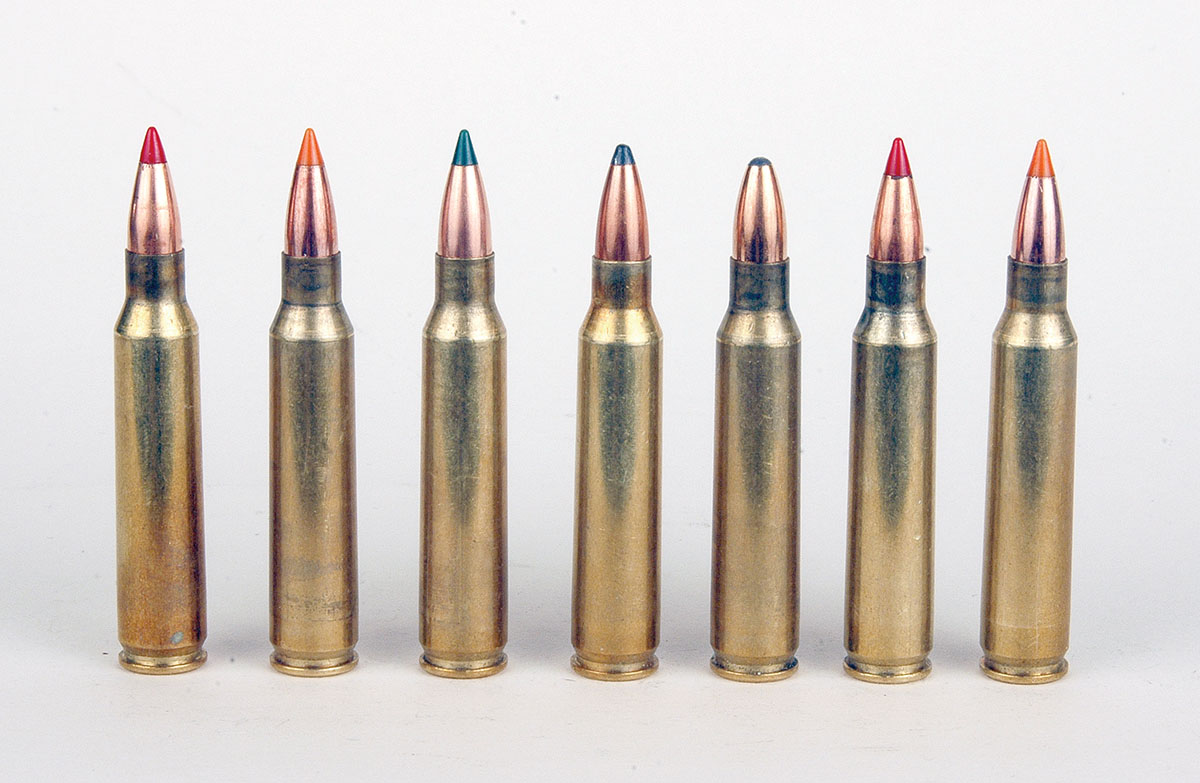 The seven bullets used, shown loaded, were (left to right): Hornady 40-grain V-MAX, Nosler 40-grain Ballistic Tip, Sierra 40-grain BlitzKing, Sierra 45-grain spitzer, Speer 45-grain spitzer, Hornady 50-grain V-MAX and Nosler 50-grain Ballistic Tip.