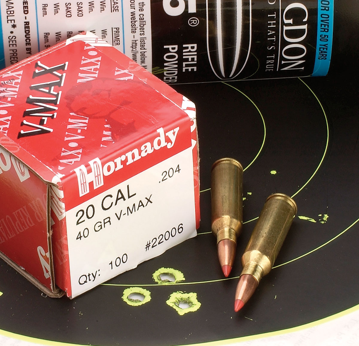 With a Hornady 40-grain bullet  and 20.0 grains of H-335, this .5-inch group is fine for a variety of small game.