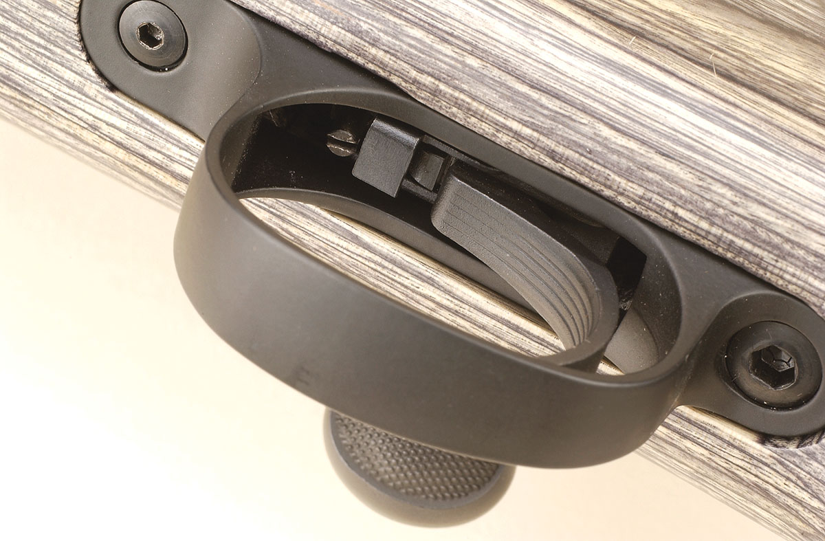 Within the trigger guard is the trigger adjustment (front), the bolt release (square lever in the middle) and the trigger. Adjusting the trigger to 2 pounds, Trzoniec considers this a good compromise for varmint shooting and testing from the bench.