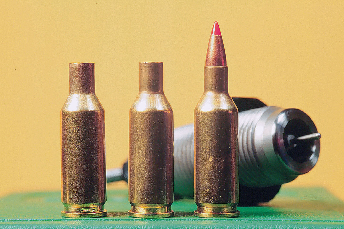 Using commercial dies, the 6mm BR is used to form the .22 BR (center).