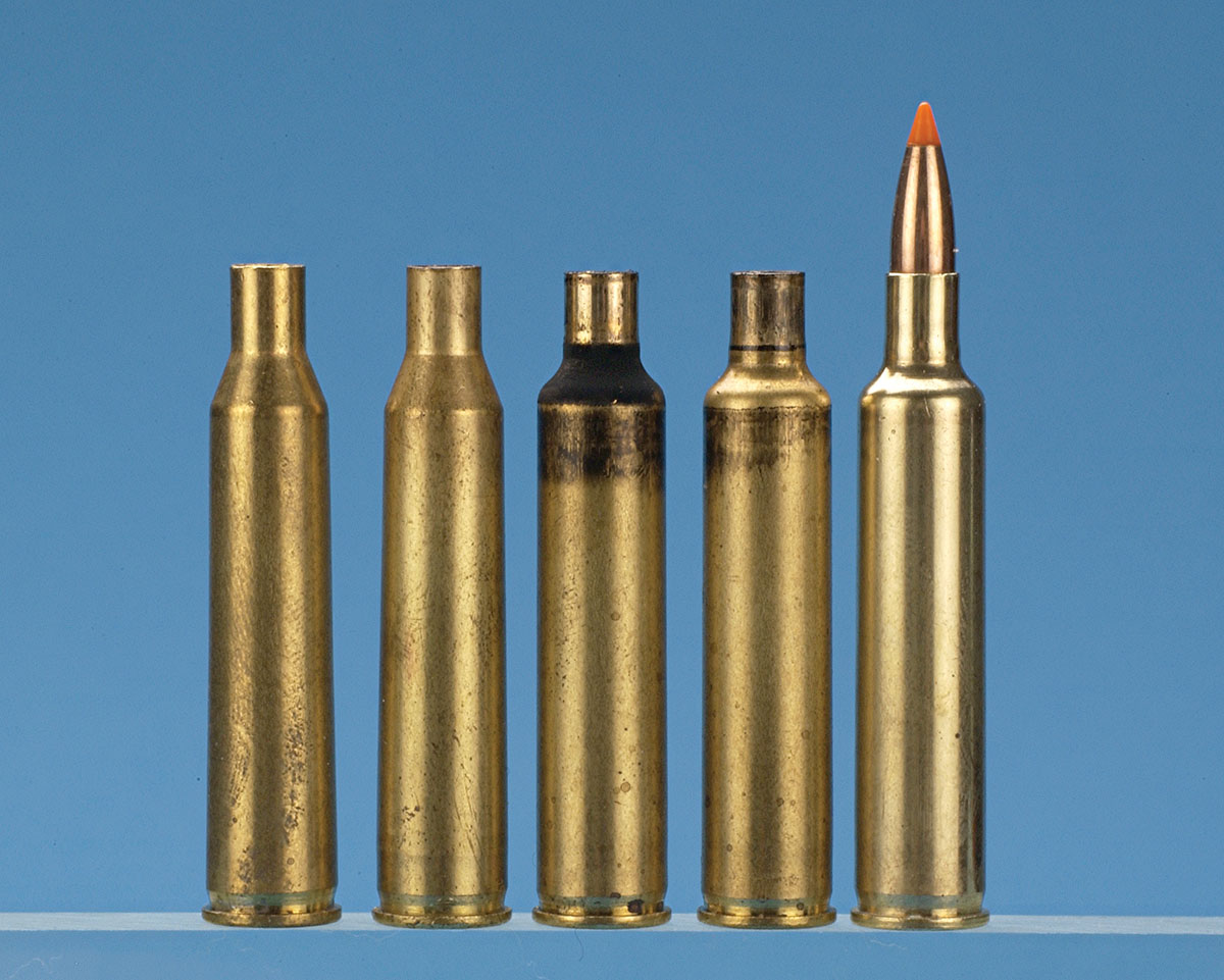 From left to right, the .220 Swift case is shown full-length sized with fireformed .220 Rocket, progression of the neck sizing followed by the .220 Rocket.