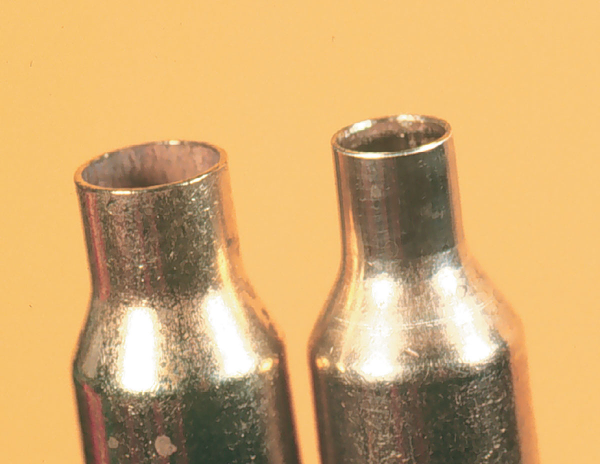 The .221 Fireball case is on the left; on the right, the final .17 Mach IV case is ready for fireforming.