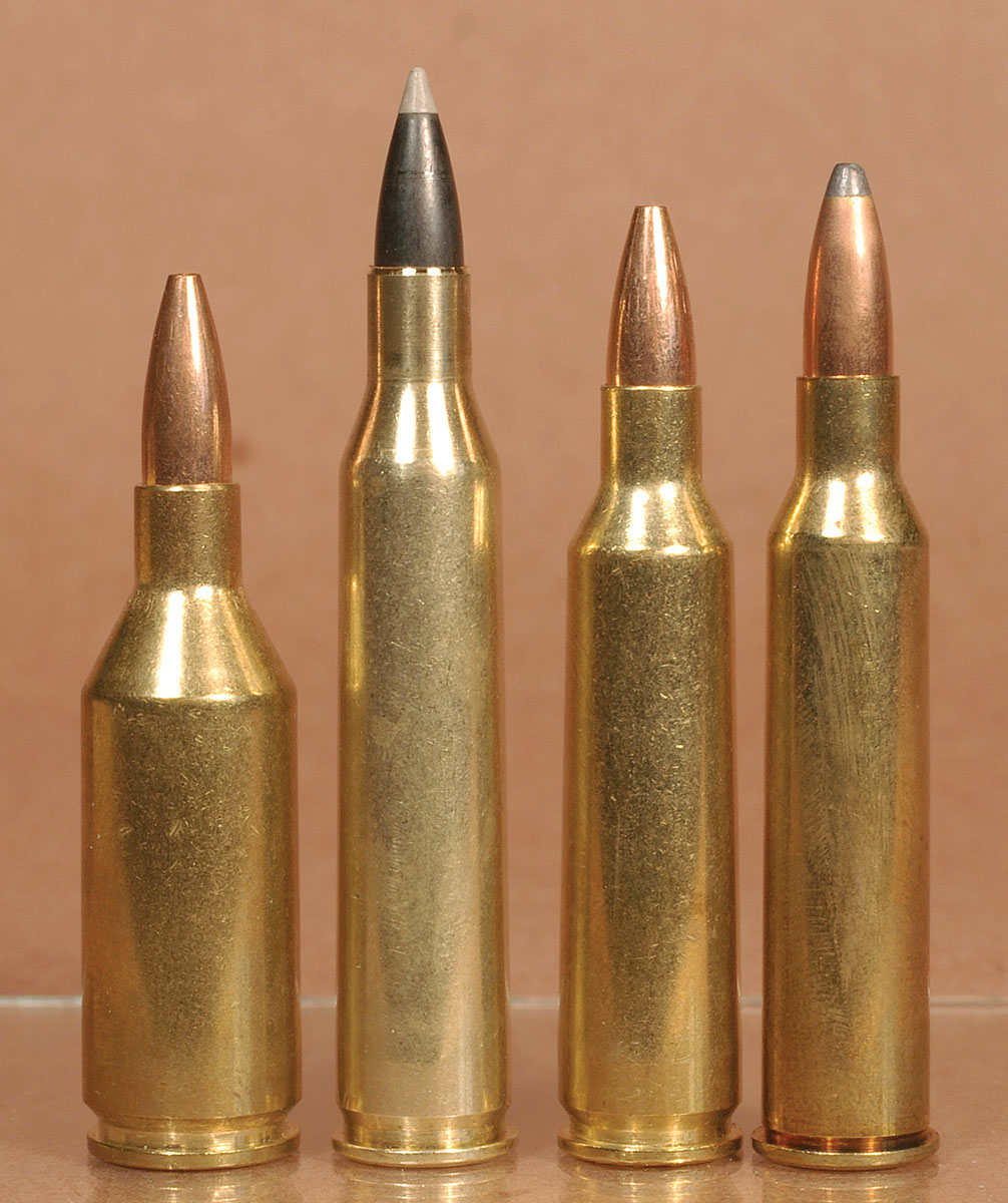 These hot .22-caliber cartridges will all burn out a barrel if long strings of shots are fired through them. From the left: 223 Winchester Super Short Magnum, 220 Swift, 22-250 Remington and 225 Winchester.
