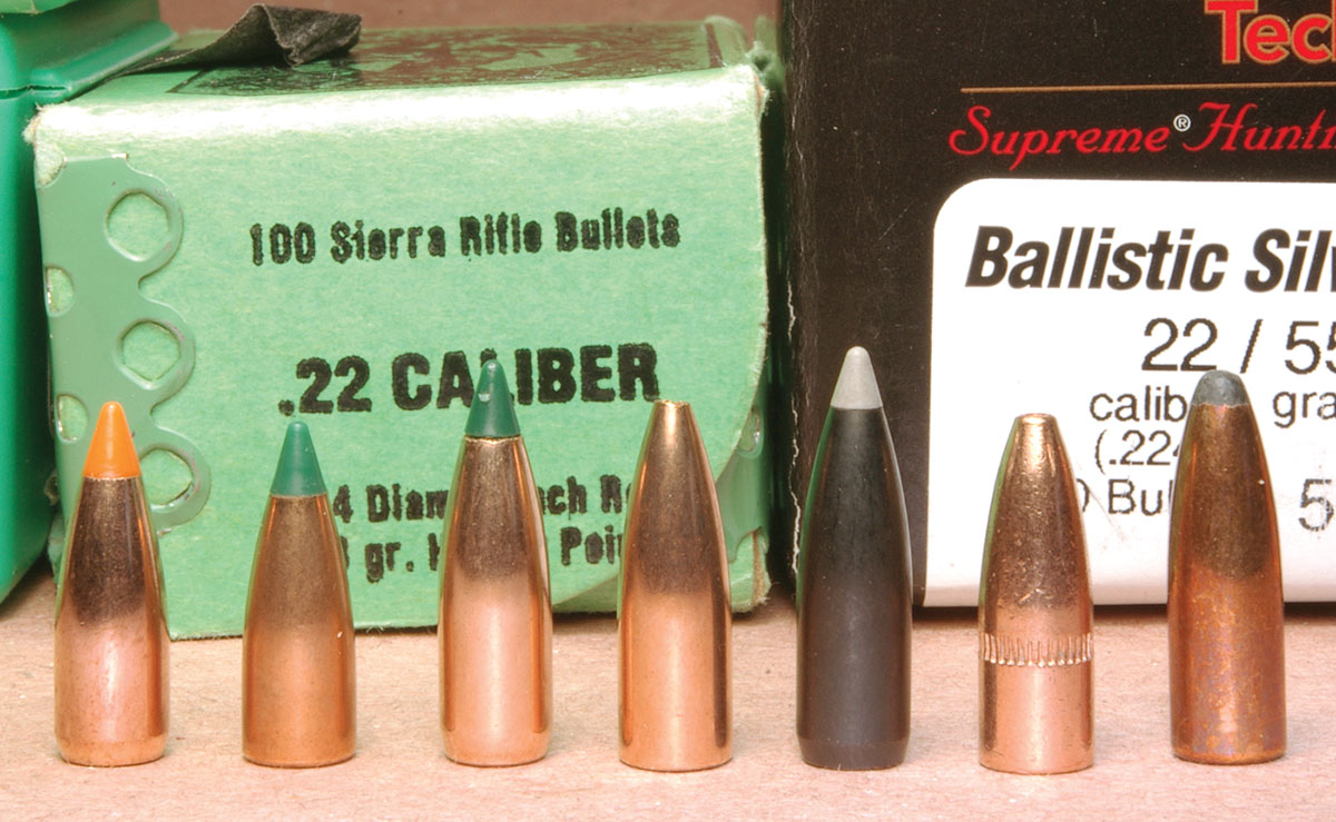 These bullets were fired in a Winchester Model 70 Varmint 220 Swift. From the left, they include: Nosler 40-grain Ballistic Tip, Sierra 40-grain BlitzKing, Sierra 50-grain BlitzKing, Sierra 53-grain Bench Rest hollowpoint, Combined Technology 55-grain Ballistic Silvertip, Remington 55-grain Power Lokt hollowpoint and Sierra 63-grain Semi-Point.