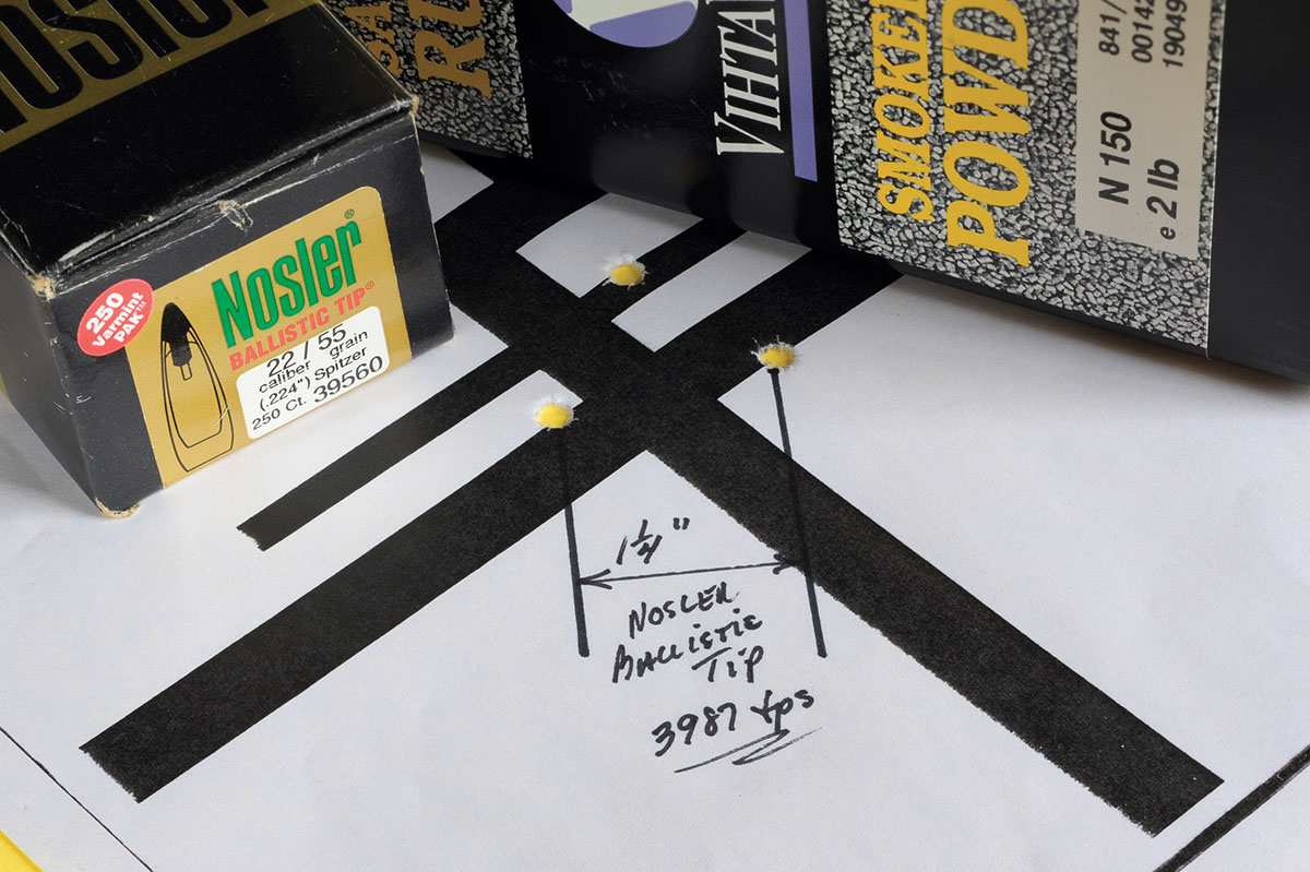 With VV-N150, this is one of only three groups that shot under 1.25 inches at 100 yards. It consisted of a Nosler 55-grain Ballistic Tip at 3,987 fps.