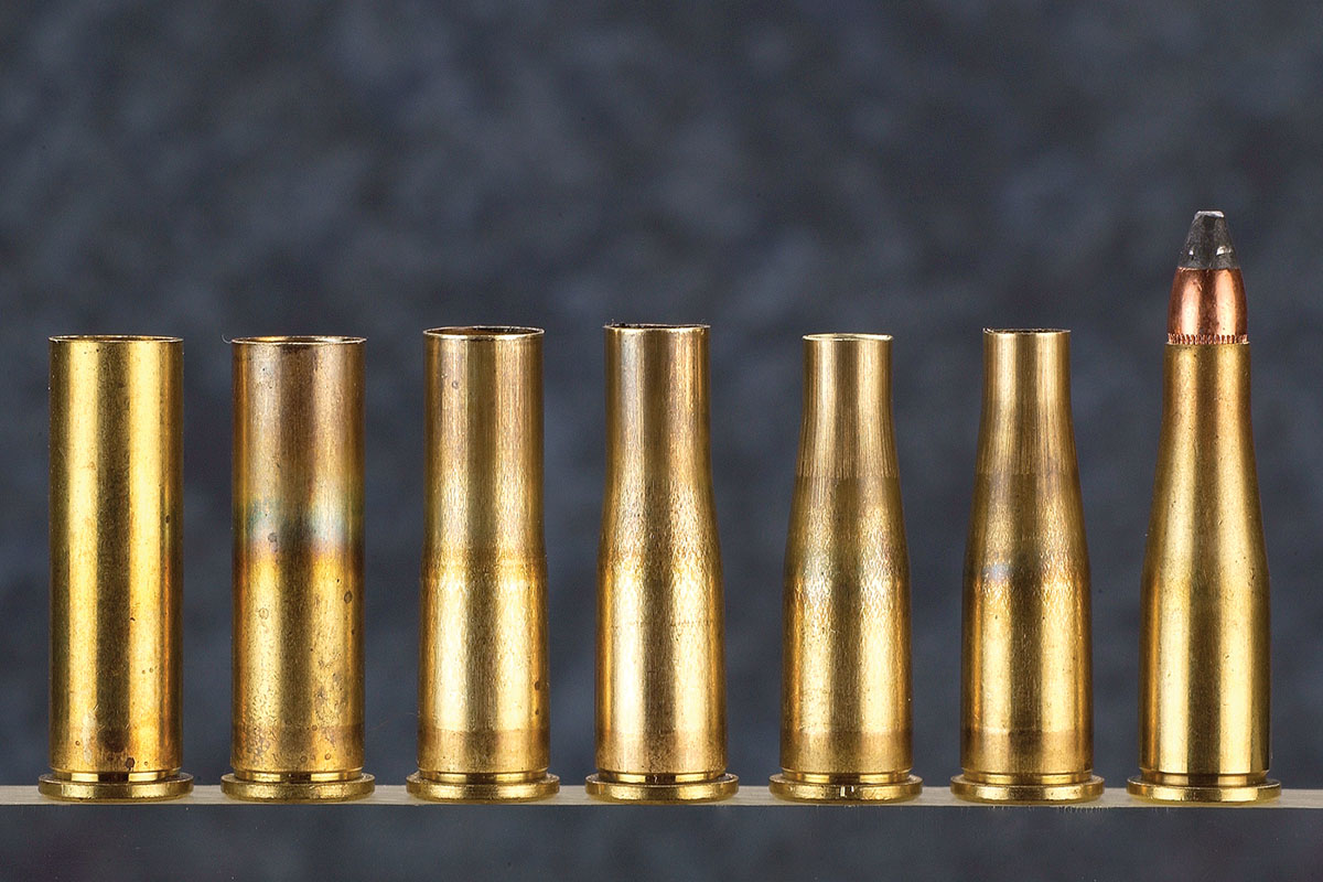 Left to right: starting with a new 357 magnum case, this shows the various stages in forming it to 22 Jet.