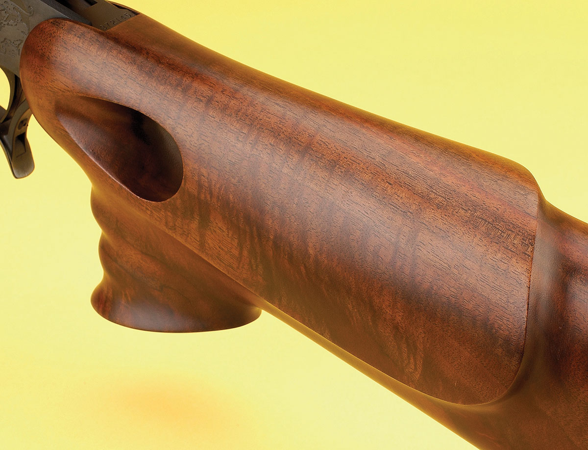 It lends itself to a wide variety of field rests. Right, the long cheekpiece accommodates a variety of field situations.