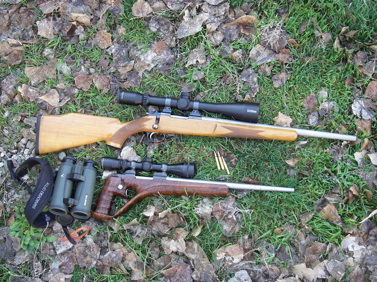 The 6mm-204 RR is suitable for either a bolt-action or single-shot pistol or rifle.  Velocities with 15- (pistol) and 18½-inch rifle barrels were impressive. The rifle is a custom Sako L-469 action with a Bullberry Barrel Works barrel. The pistol is a Sako 461 on a custom stock and fitted with a Burris 3-12x scope.