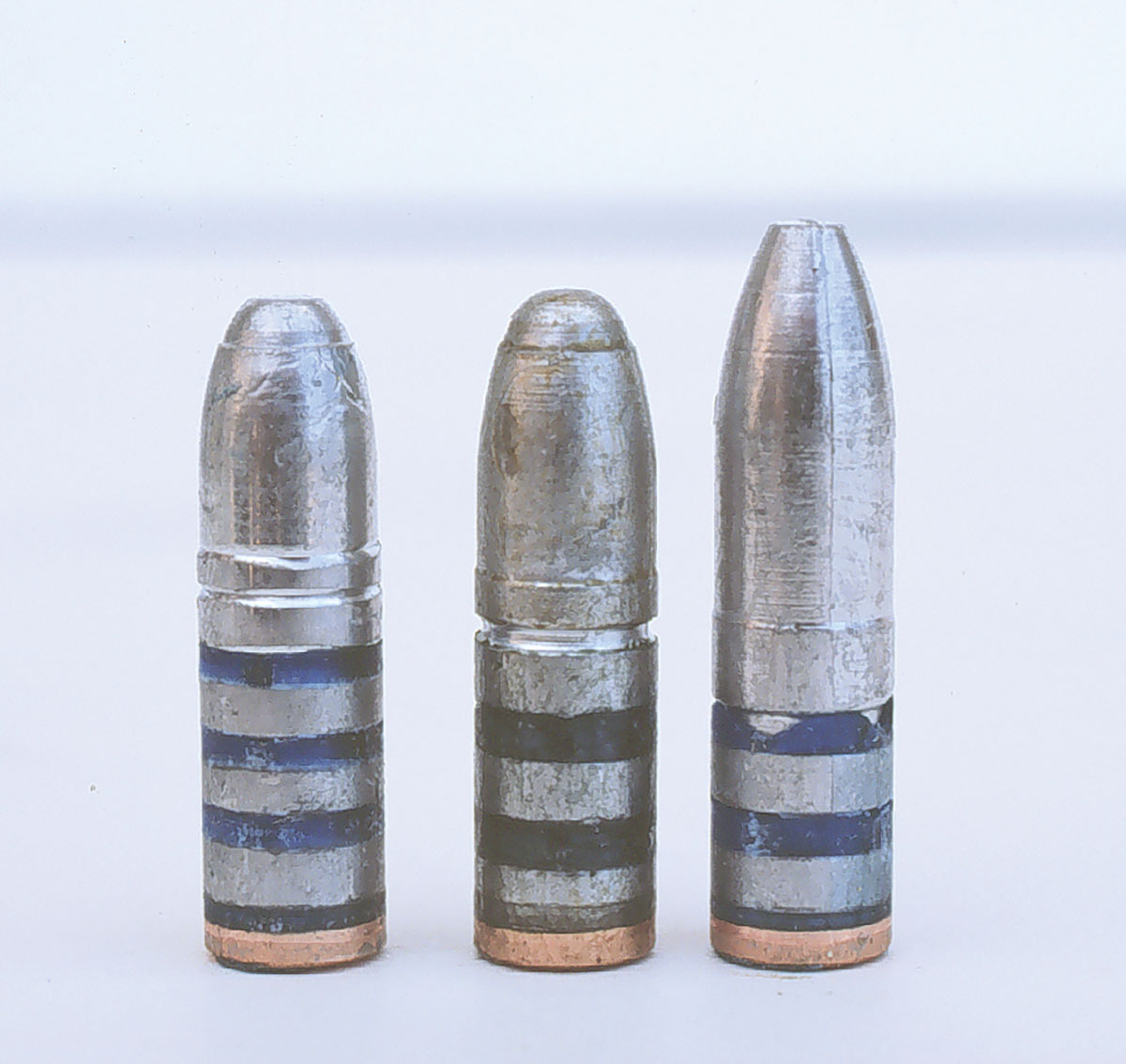 These .25-caliber bullets were fired in the 25-06 Remington to develop a gopher load. From the left, NEI 115.257 GC No. 16, Ideal 257325 and RCBS-120-SP.