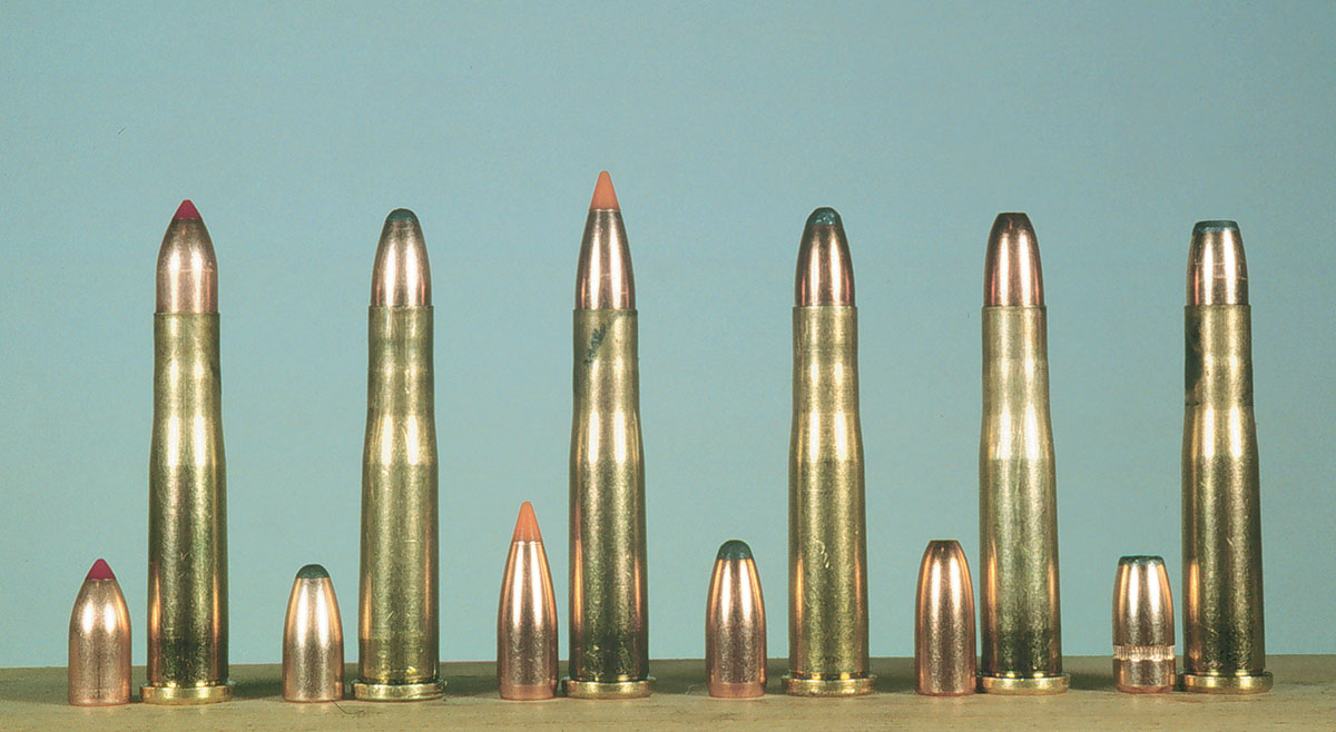 Handloads include the (left to right) Hornady 35-grain V-MAX, Sierra 40-grain, Nosler 40-grain Ballistic Tip and 45-grain Solid Base, Winchester 46-grain hollowpoint and Speer 46-grain flatnose.