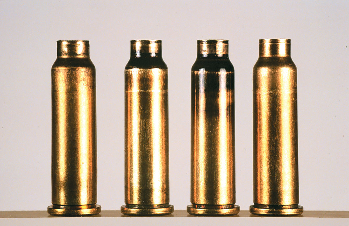 The fireformed case is on the left, then a smoked and a neck sized only case, followed by a case with the shoulder pushed slightly back.