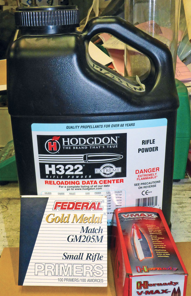 Favorite load components thus far include Federal Gold Medal 205M primers, Hodgdon H-322 powder and Hornady 25-grain V-MAX bullets.