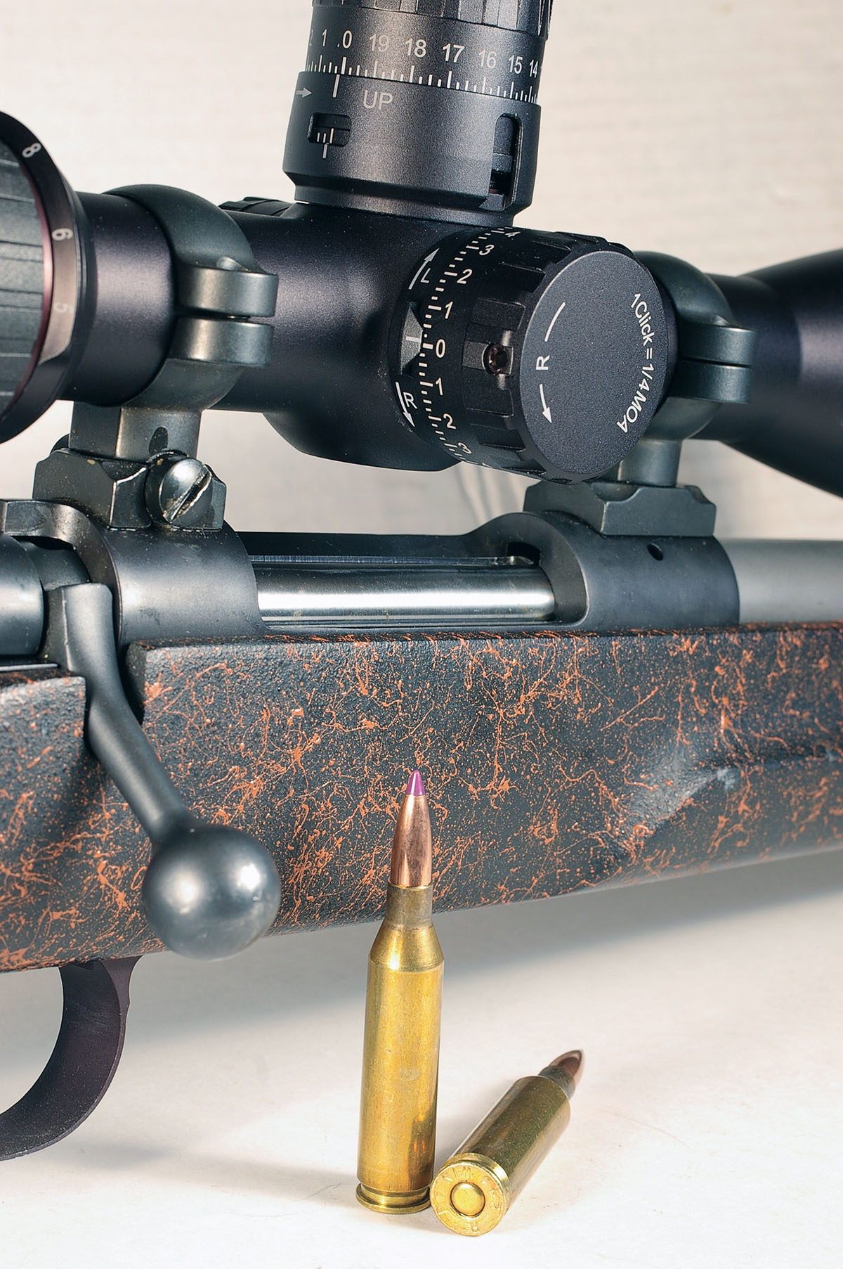 Typing in ballistic information on Swarovski’s website for the 243 Winchester load that will be shot results in a chart for adjusting the elevation turret to compensate for bullet drop at various distances.