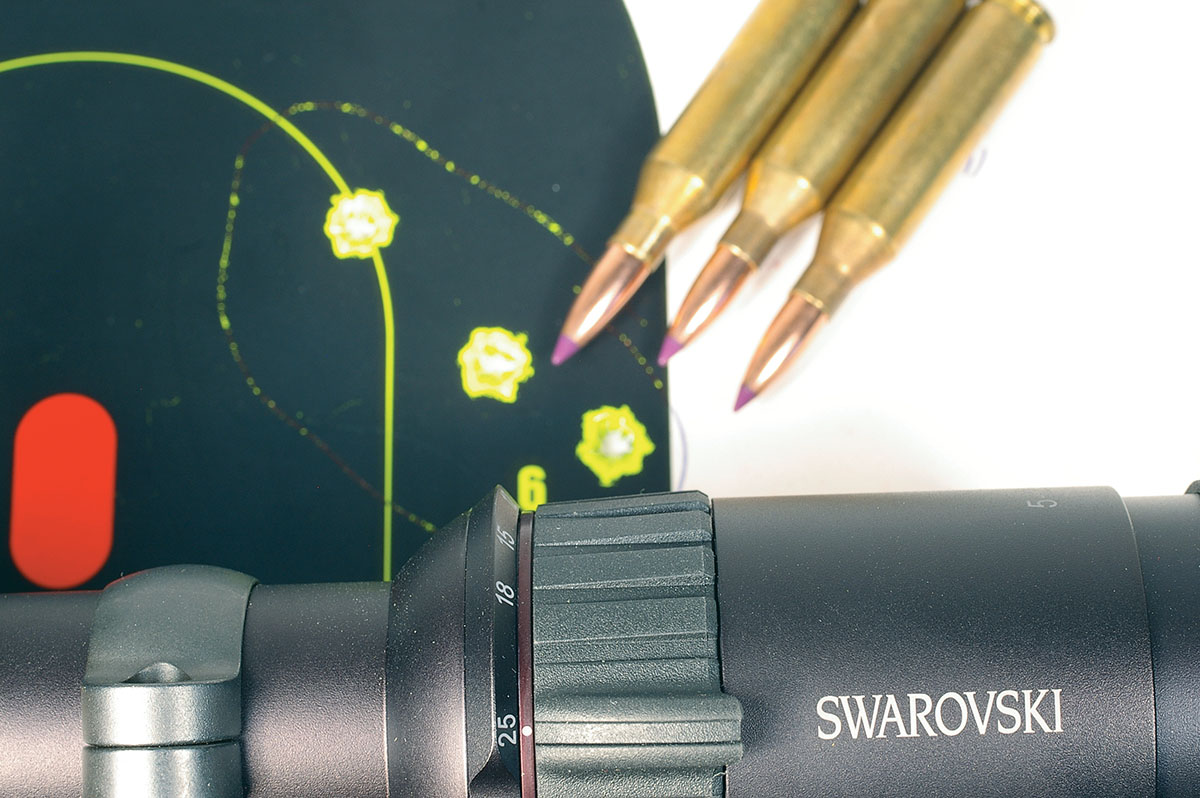 Nosler 70-grain Ballistic Tips fired from a Cooper 243 Winchester hit right on for elevation at 300 yards, but a stiff wind constantly threw bullets off to the side.