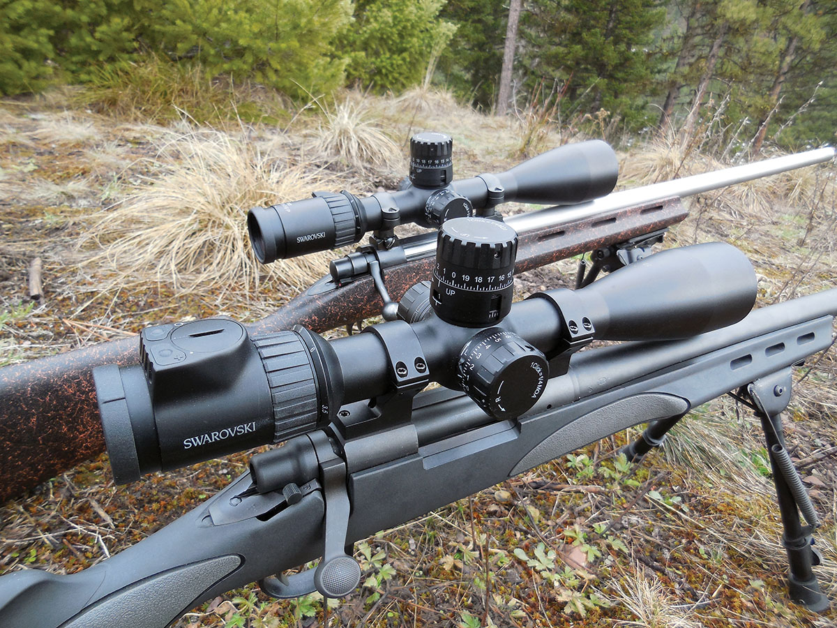 The X5(i) 3.5-18x 50mm P sample scope sits on a Remington 700 SPS 223 Remington with a black stock, while the X5(i) 5-25x 56mm scope is mounted on a Cooper Firearms Model 22 243 Winchester.