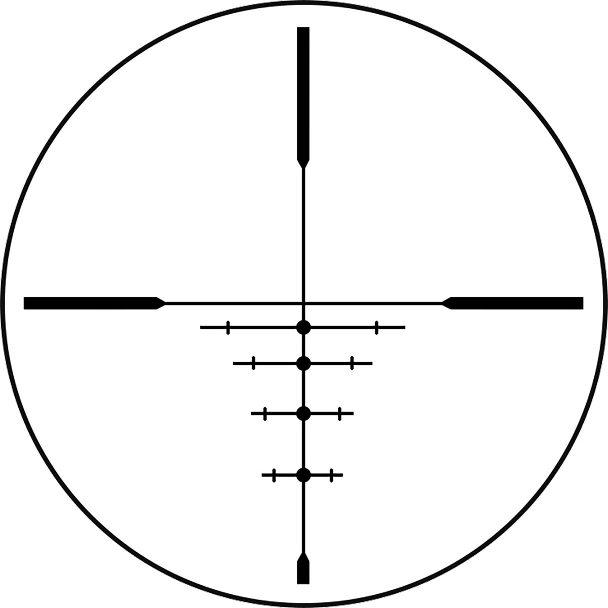 The Bushnell DOA 600 is intended to be sighted in at 100 yards and provides aiming points at every 100-yard increment out to 600 yards. Magnification must be set to the correct power for the aiming points to mesh with bullet drop – usually the highest power.