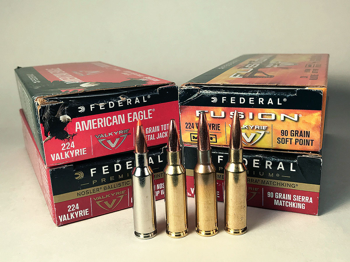 Federal offered four loads for its .224 Valkyrie upon introduction. The loads contain the (left to right): Nosler 60-grain Ballistic Tip, Federal 75-grain Total Metal Jacket, Federal 90-grain Fusion and the Sierra 90-grain MatchKing.