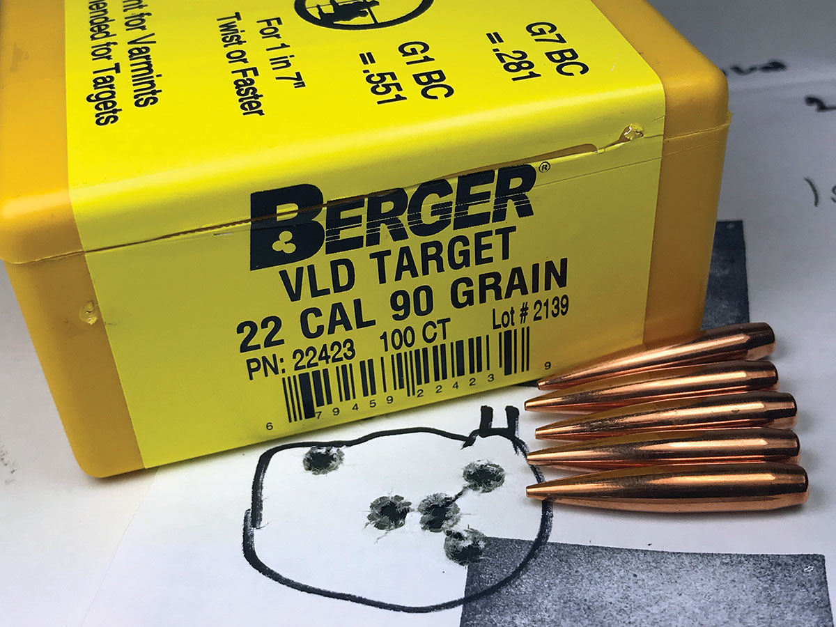 Berger 90-grain VLD Target bullets paired with Power Pro 2000-MR powder provided this group at 100 yards.