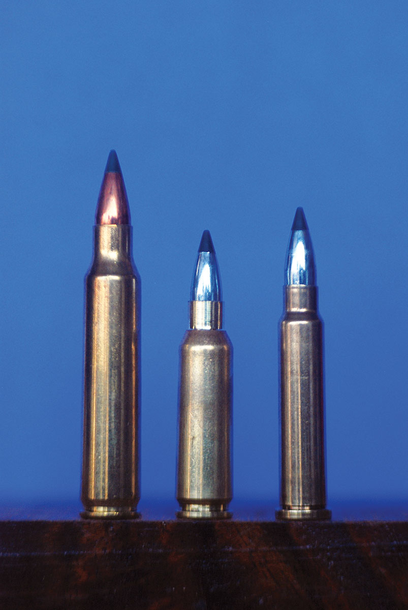 The 19 Badger (center) is compared with the 223 Remington (left), which it matches ballistically, and its predecessor the 19 Calhoon Hornet (right). The Badger has slightly greater capacity than the Hornet case and can be loaded to higher velocities.