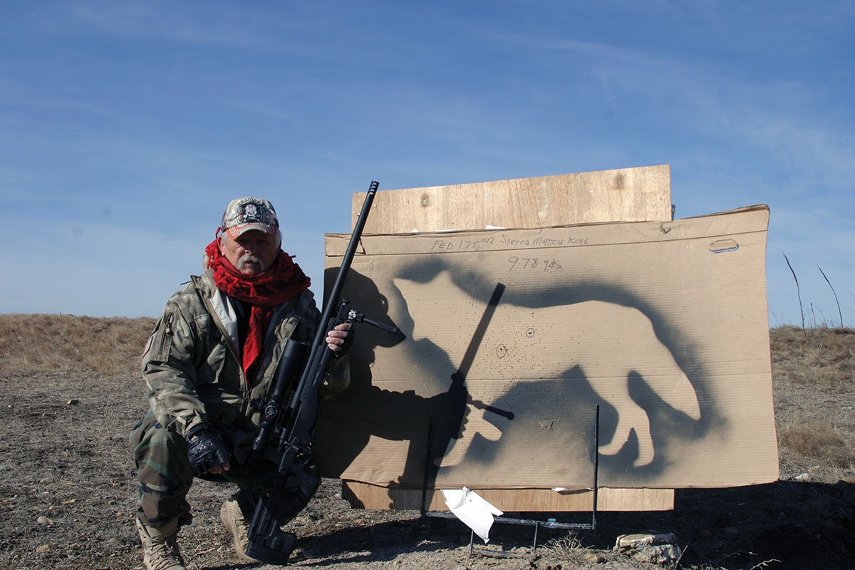 L.P. used an Ithaca sniper rifle with a NightForce scope and Federal 175-grain MatchKing loads on this long-range coyote target.