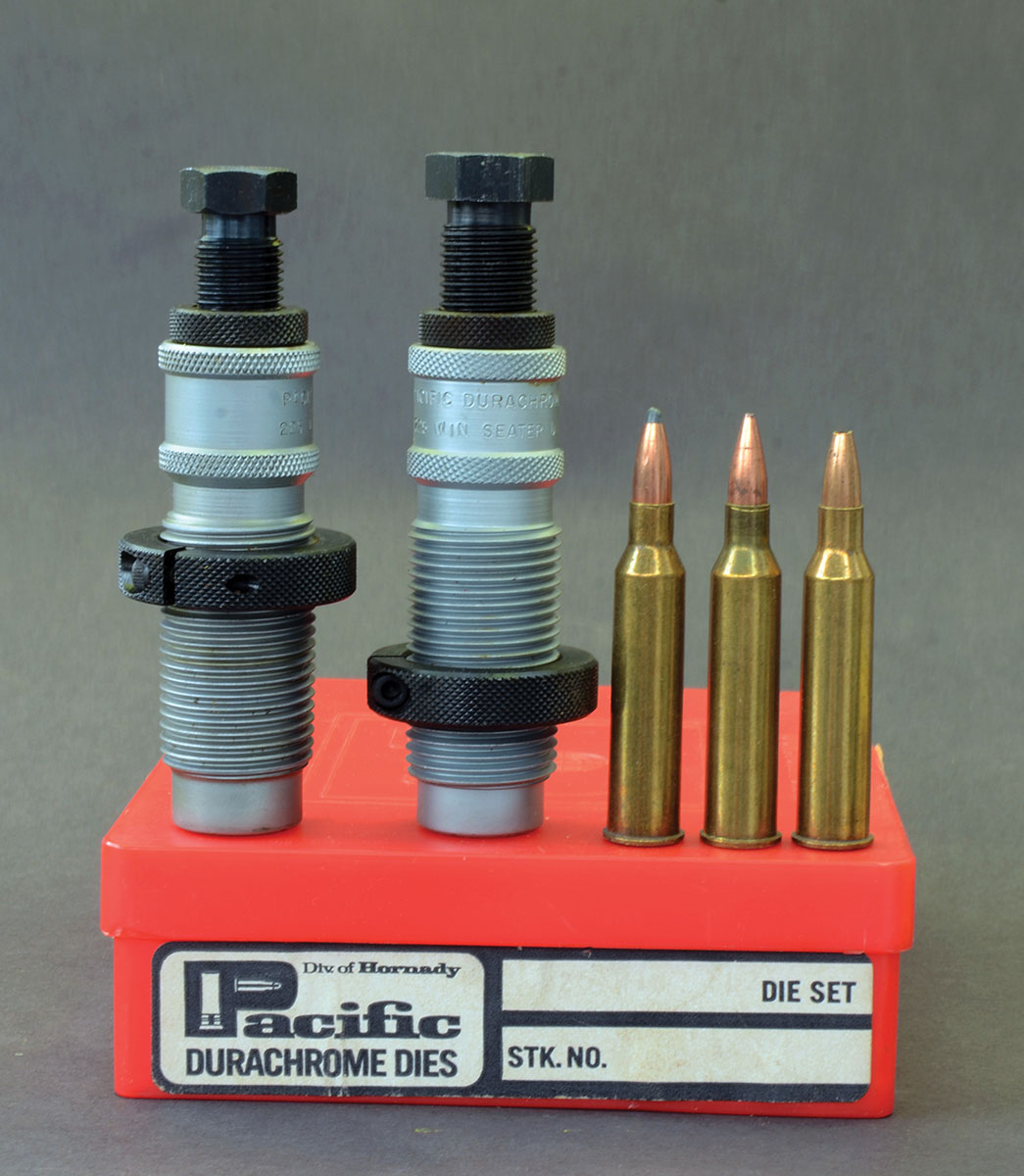 This set of Pacific dies was bought when purchasing three “blowout special” Model 70s in .225 Winchester at a gun show in 1968.