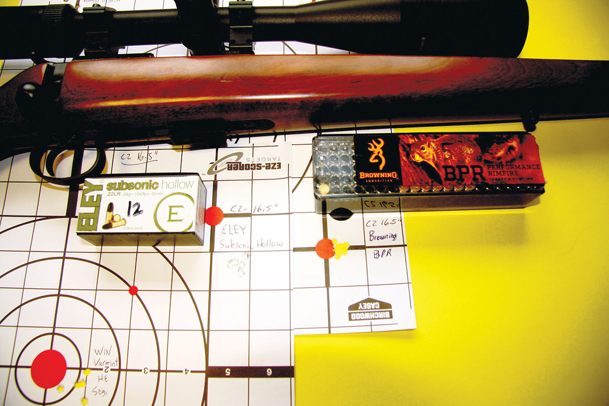While the longer CZ barrels generally shot smaller groups, the shortest 16.5-inch barrel performed well with several brands of ammunition. Shown here are groups shot with ELEY Subsonic Hollow and Browning BPR ammunition.