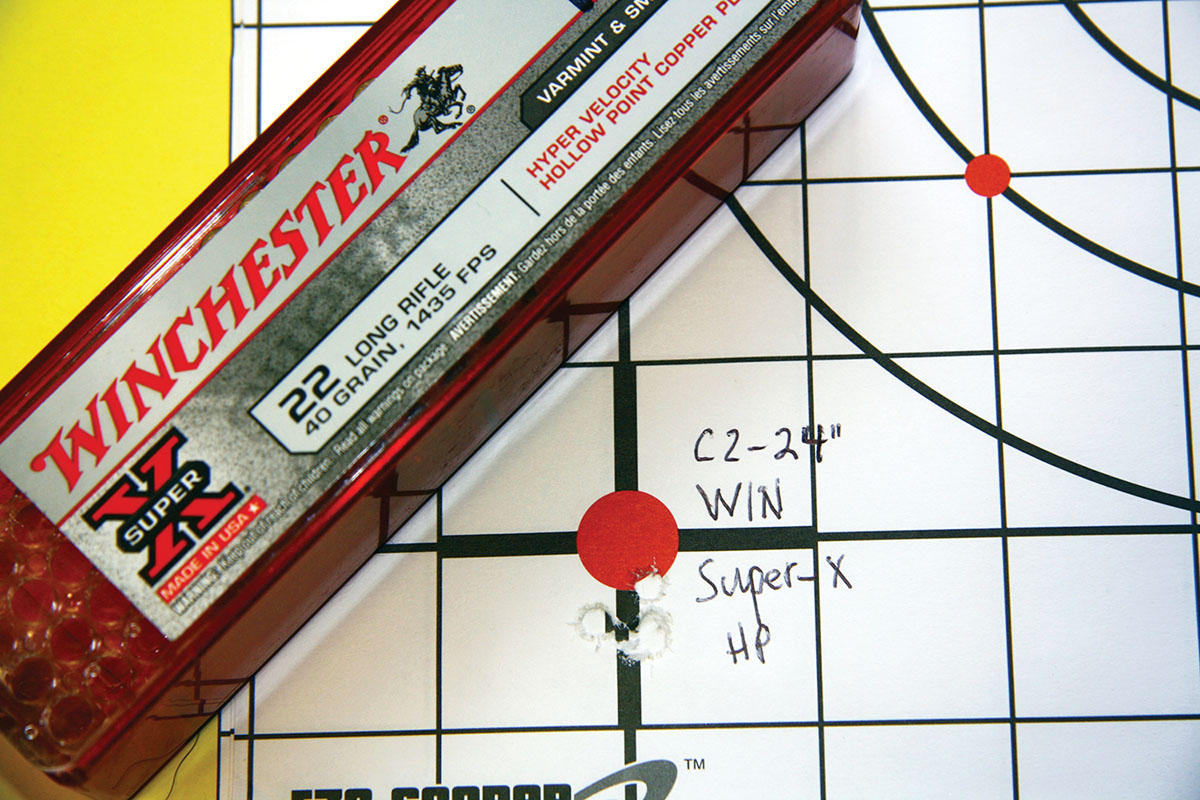 Winchester’s Super-X Hyper Velocity .22 LR ammunition proved accurate, accounting for this excellent group shot from the CZ with a 24-inch barrel.