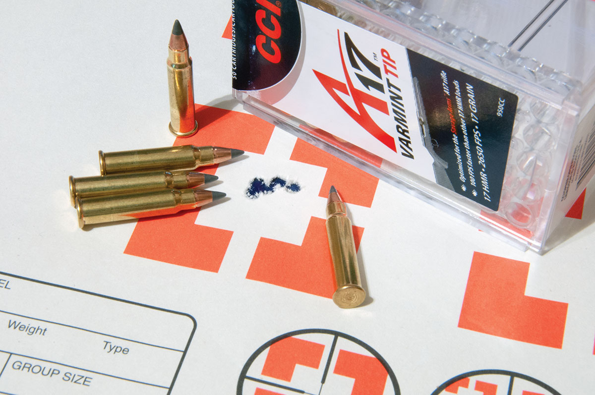 Using CCI A17 Varmint Tip ammunition, the Zephyr II provided five-shot groups no larger than .532 inch; the 50-yard group shown measures .356 inch.