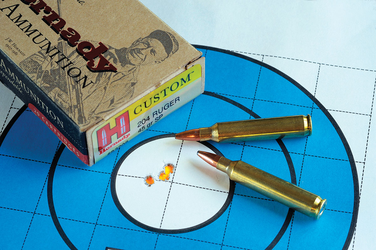 The best group was this .390-inch cluster shot with Hornady Custom ammunition loaded with 45-grain Spire Point bullets.