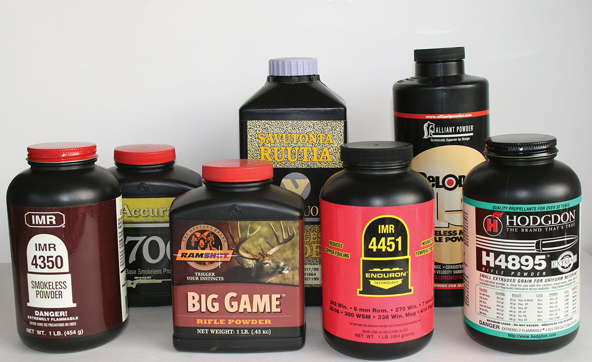 Propellants used during testing included: IMR-4350, Accurate 2700, Ramshot Big Game, Vihtavuori N135, IMR-4451, Reloder 15 and H-4895. Not shown is IMR-8208 XBR.