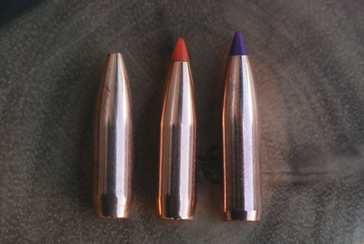 Three midweight 243 bullets shot in the test rifle included (left to right): the Sierra 85-grain HPBT, Hornady 87 V-MAX and the Nosler 90 Ballistic Tip. The Sierra bullet over 43 grains of Ramshot Big Game moved along at 3,261 fps and produced the lowest extreme velocity spread at just 24 fps.