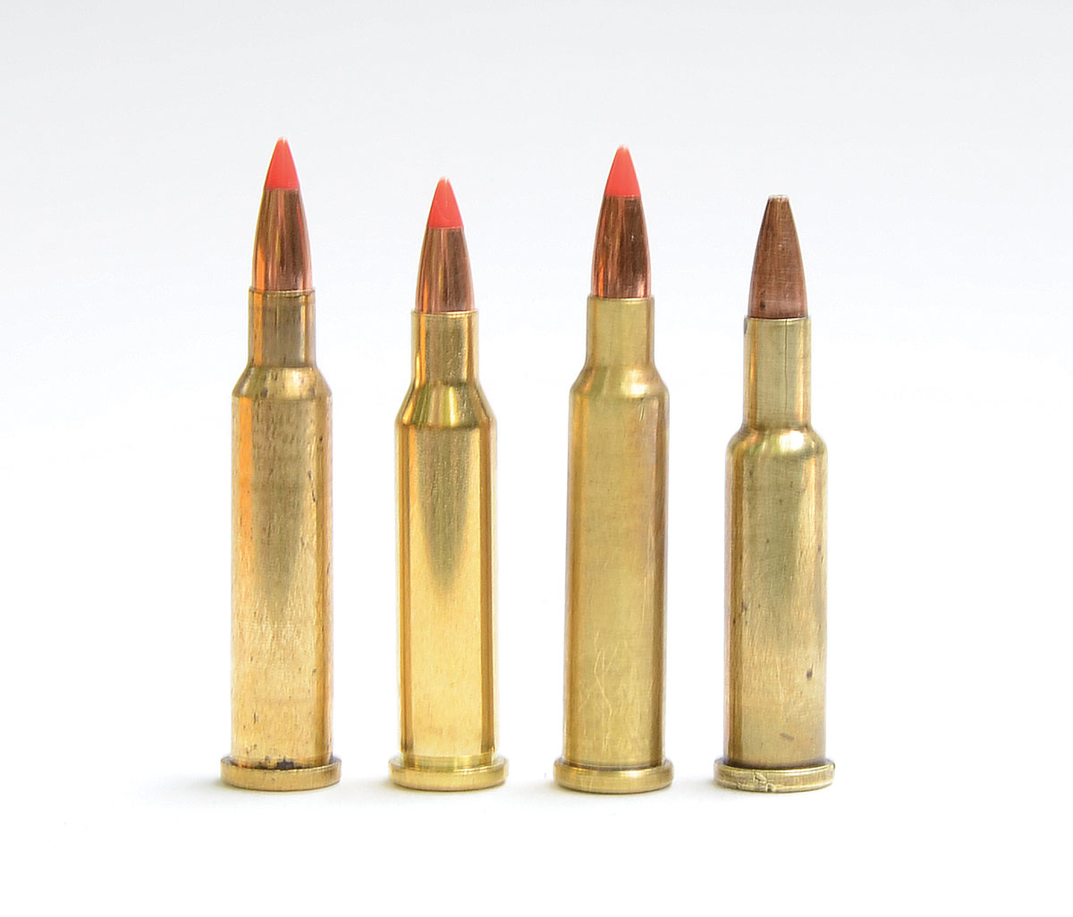 Cartridges for .17-caliber bullets on the Hornet case include the (left to right): 17 Ackley Hornet, 17 “Hornady” Hornet, 17 Kimber Hornet R2 and 17 Kimber Hornet.