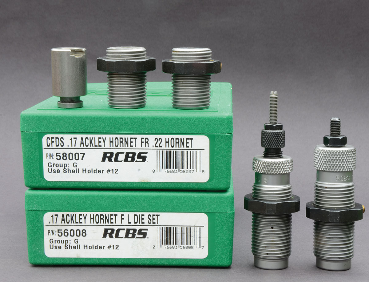 An RCBS form die set comes with two dies and an extended shellholder. Full-length resizing and bullet seating dies are also needed.