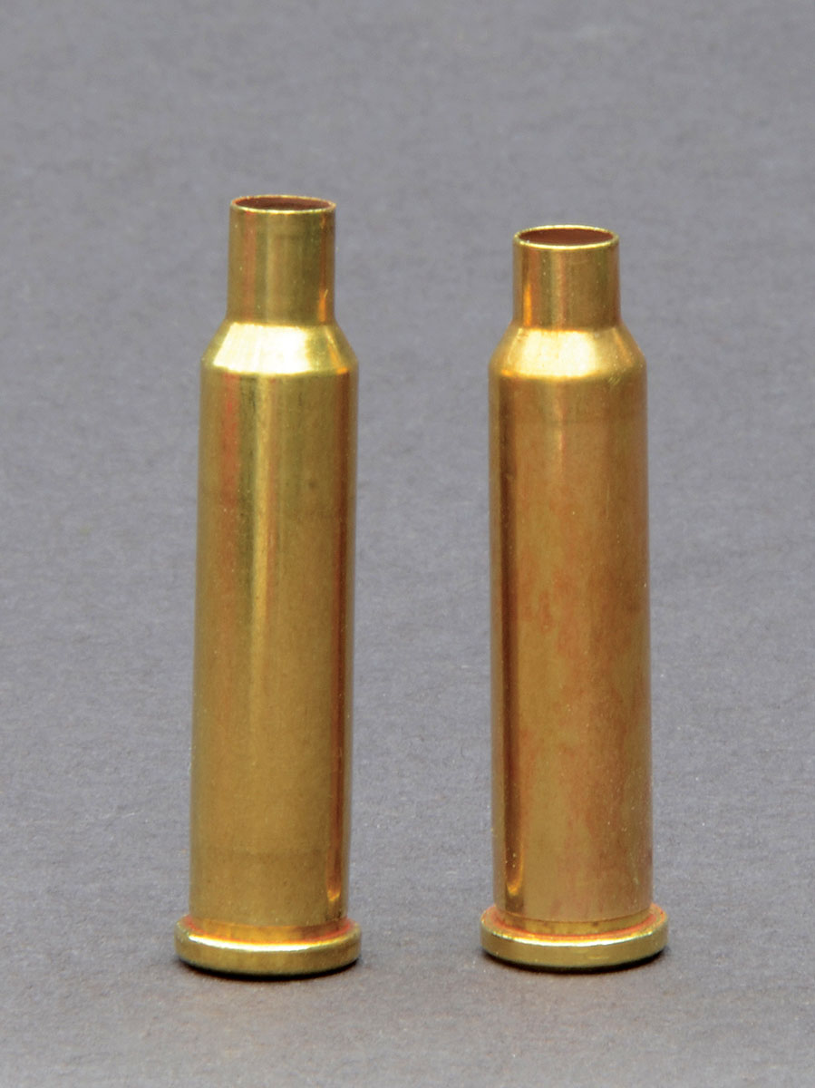 After a 17 Hornet case is run through a 17 Ackley Hornet full-length resizing die, it can be loaded and fired in the Ackley chamber, but the formed case will have a shorter neck. Shown is a 17 Ackley Hornet case fireformed from 22 Hornet brass (left) and a 17 Ackley Hornet case fireformed from 17 Hornet brass.