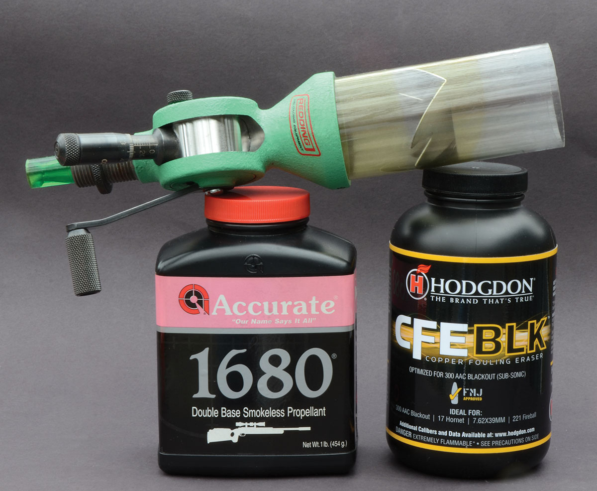 Accurate 1680 and Hodgdon CFE BLK are excellent powders for the 17 Ackley Hornet, and the Redding Pistol & Small Rifle powder measure does a great job of dispensing both with very little charge-to-charge variation.