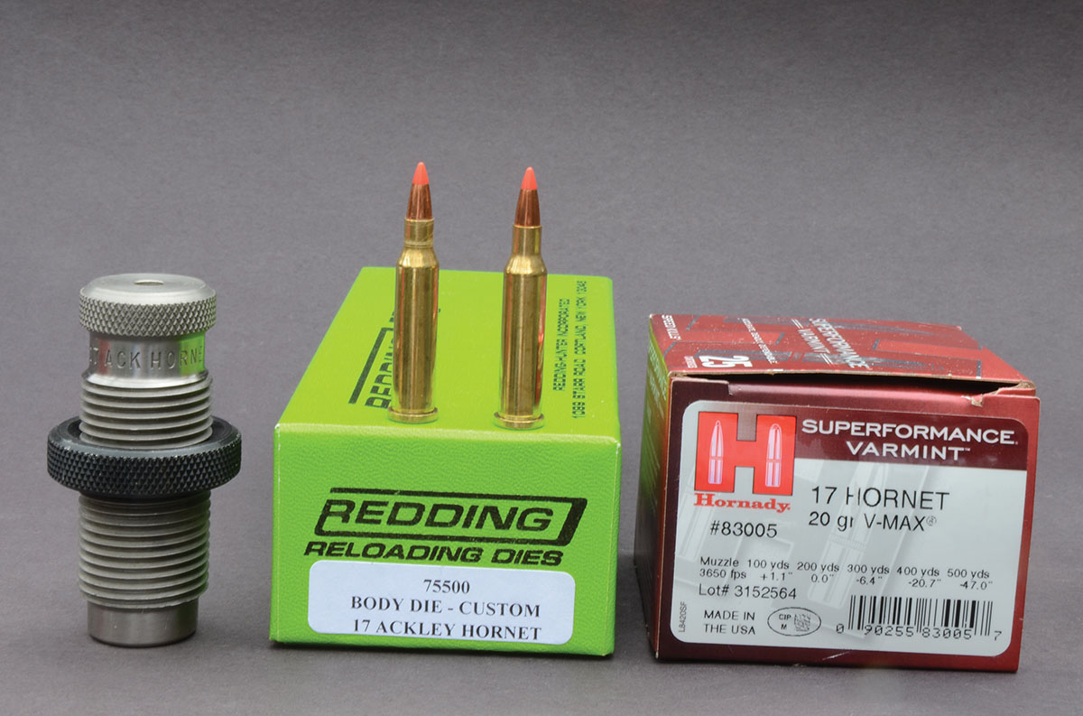 Hornady 17 Hornet ammunition could be fired in Layne’s 17 Ackley Hornet chamber after it had been run through a Redding 17 Ackley Hornet body die. It is highly important to first determine that doing so is safe in another rifle by following instructions in the text. The cartridge at left has been through the body die.