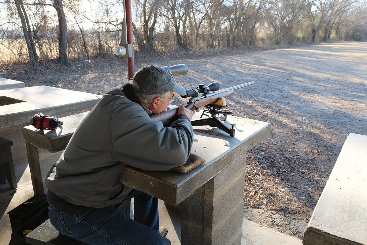 A Savage 22-250 Remington with a 1:9 twist was one of four rifles used to test handloads. The front pedestal rest is a 17-pound Hart. The rifle’s trigger broke at 2 pounds right from the box.