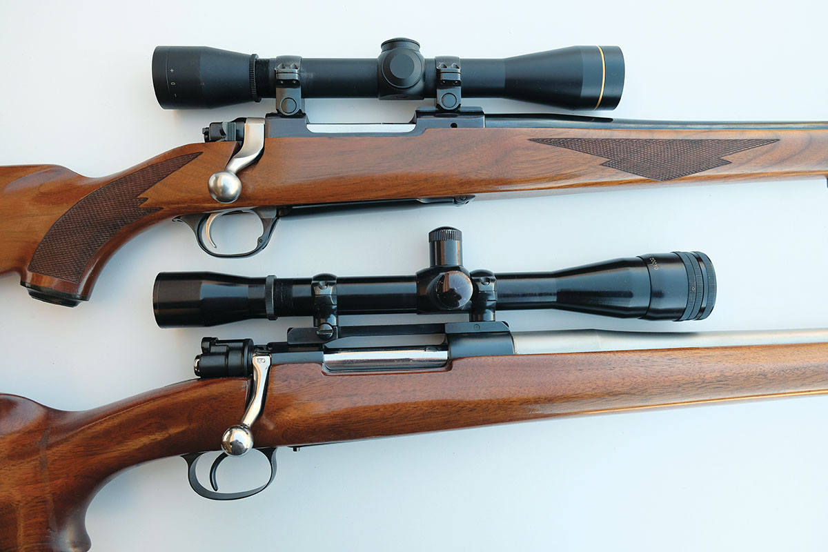 The two older rifles with traditional, slower twist rates included a (top) Ruger 77 Mark II 223 Remington with a 1:12 factory barrel and Leupold FX-II 6x36mm scope, and an FN Mauser 22-250 Remington with a 1:14 Lilja barrel and Leupold 6x Silhouette scope.