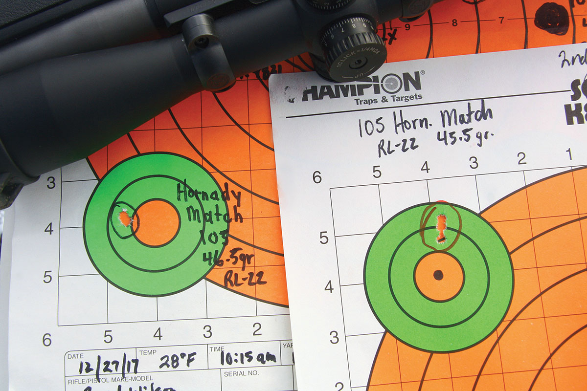 The smallest groups from the 6mm Remington with a 1:9 twist were shot with high-BC Hornady 105-grain Match bullets loaded over Alliant Reloder-22 powder.