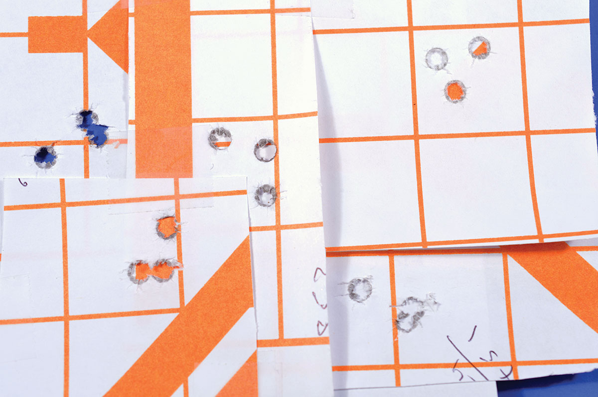 This batch of targets shows the tight groups Richard shot with several handloads.