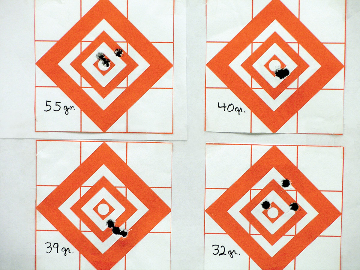 Three-shot, 100-yard groups from the Lothar Walther 1:9 twist barrel produced sub-MOA accuracy with .204 Ruger handloads using 39- and 55-grain bullets (left), and factory loads with 32- and 40-grain bullets (right), demonstrating the cartridge’s versatility with a fast-twist barrel.