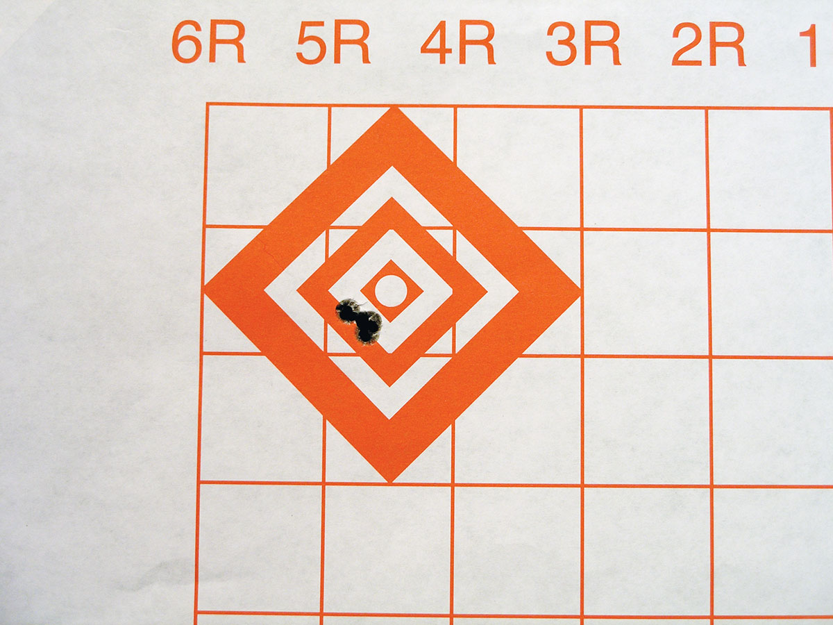 This three-shot, 100-yard group from the CZ 527 is representative of the precision obtained with loads of LT-32 powder and Hornady 32-grain V-MAX bullets fired in a match chamber.