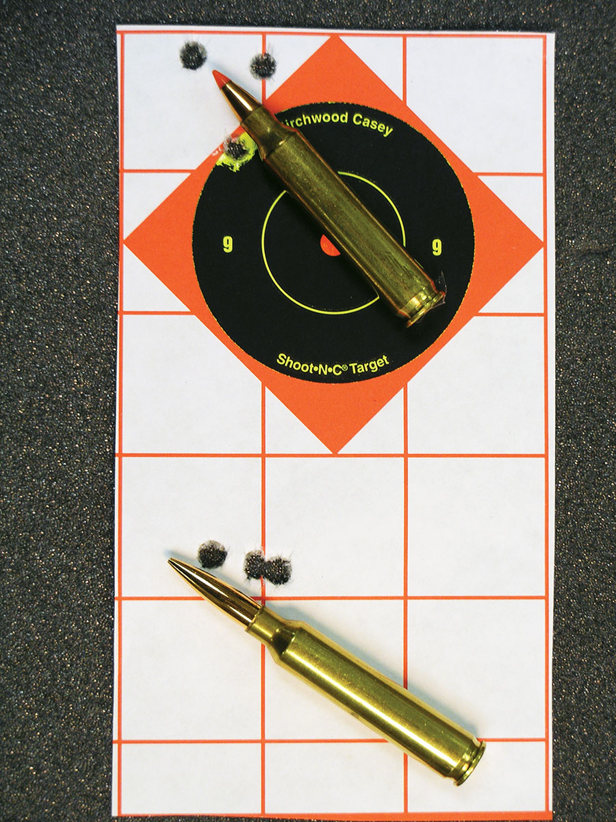 These three-shot, 100-yard groups were shot with a Remington 700 with a 1:9 twist barrel using factory Hornady 32-grain V-MAX ammunition (top), and a Berger 55-grain Long Range BT handloads. Cartridge overall lengths are 2.246 and 2.550 inches, respectively.