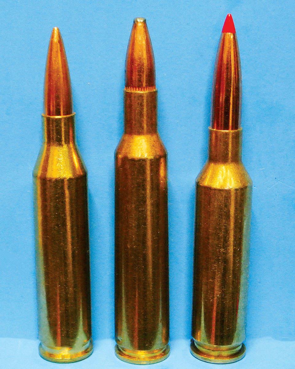 The 243 Winchester (left) has dominated the 6mm/.24-caliber market since its introduction in 1955, easily outpacing its closest ballistic competitor, the 6mm Remington (center). The much newer 6mm Creedmoor (right) may change that dynamic.
